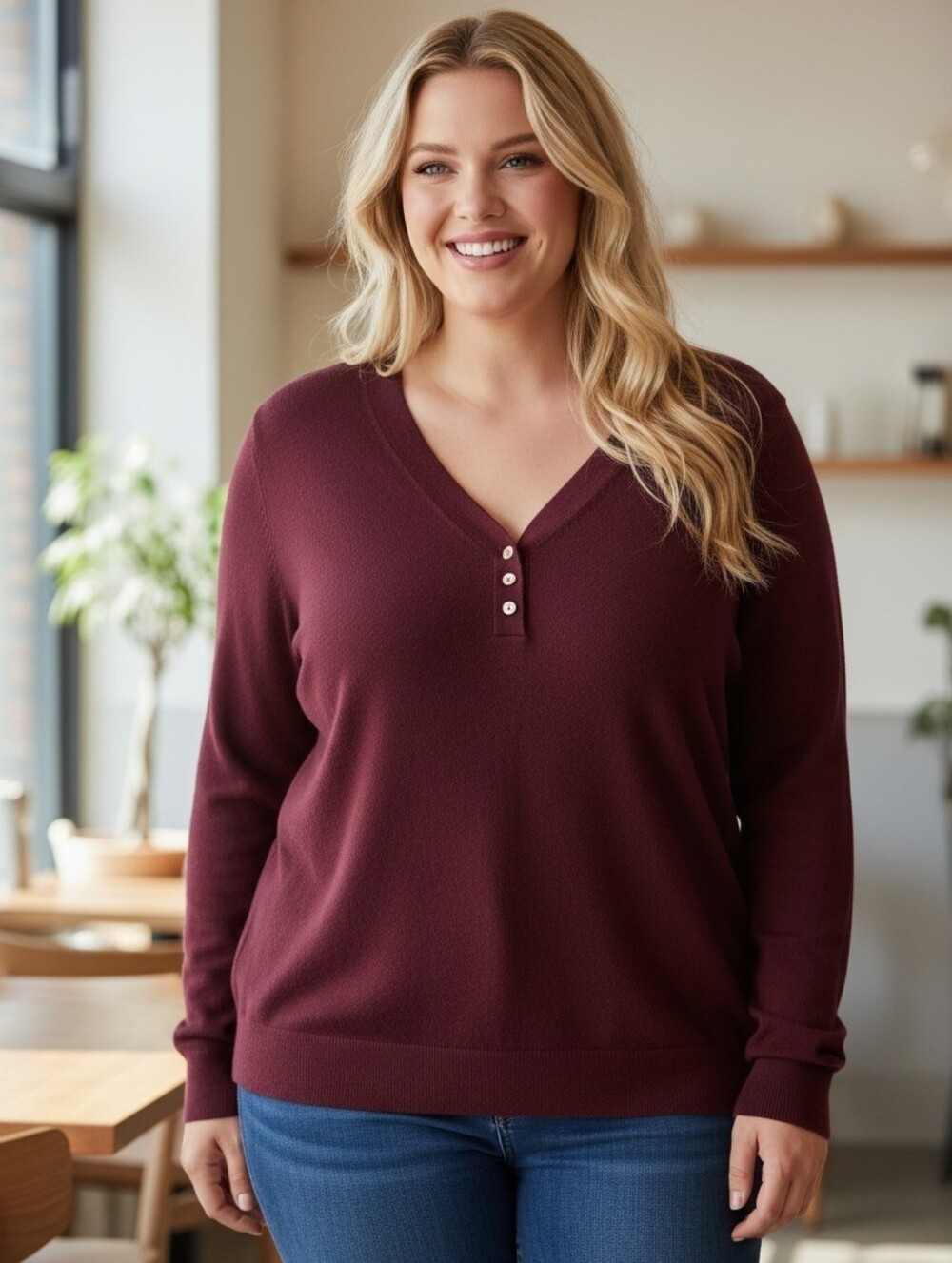 Lane Bryant Maroon V- neck Long Sleeve Lightweight Sweater